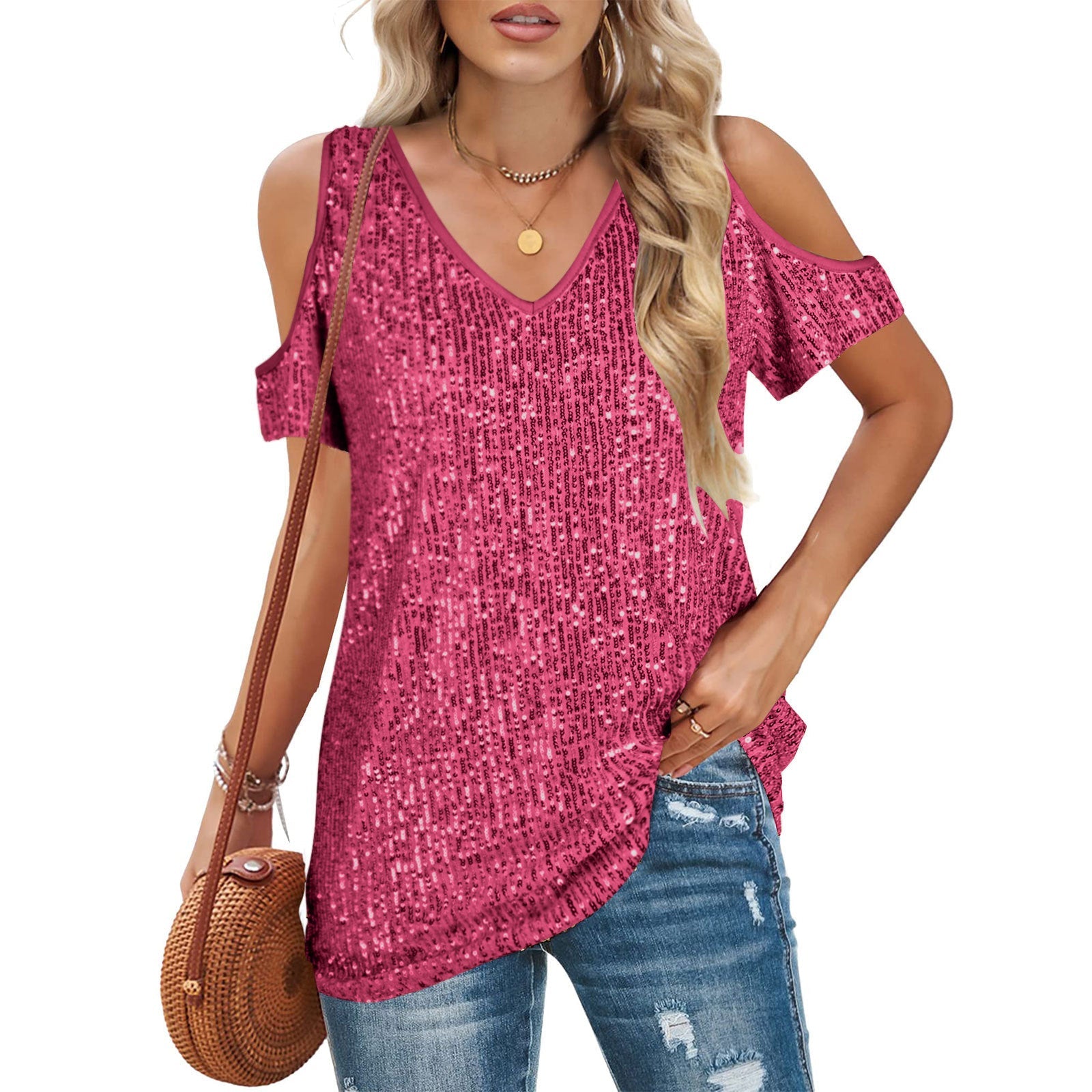 Women Short Sleeve off the Shoulder V neck Sequined T shirt Top Women