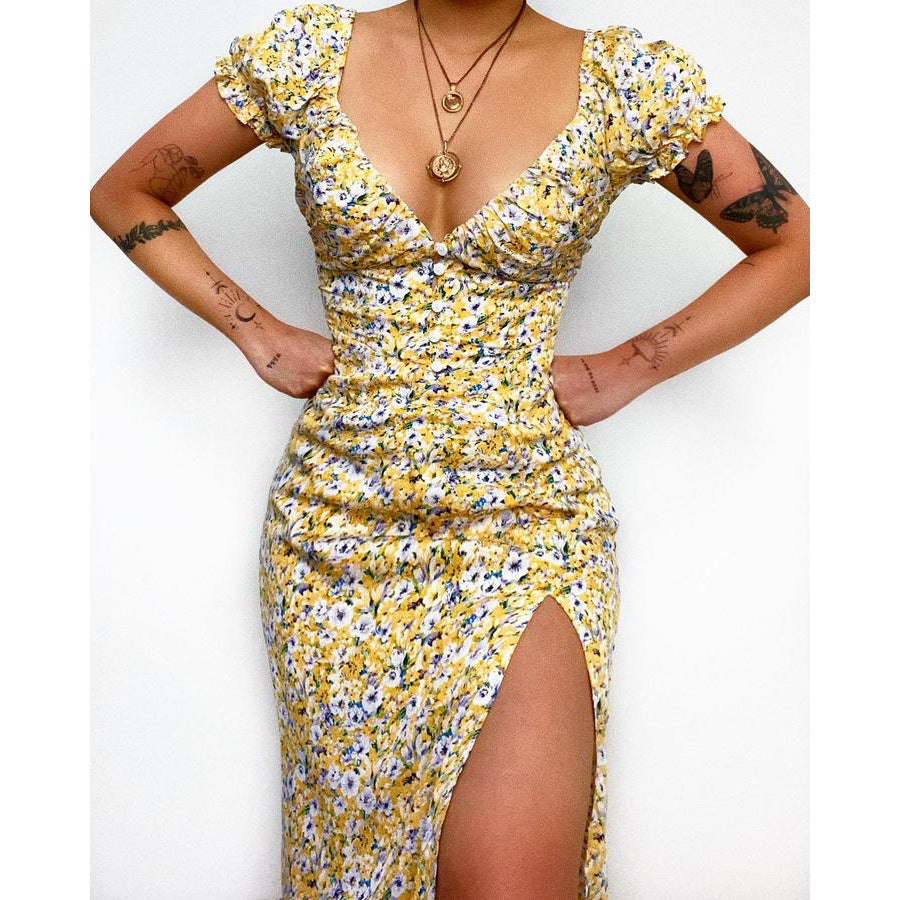 Spring Summer Floral Floral Print Fresh Sweet V-neck Mid-Length Dress Yellow