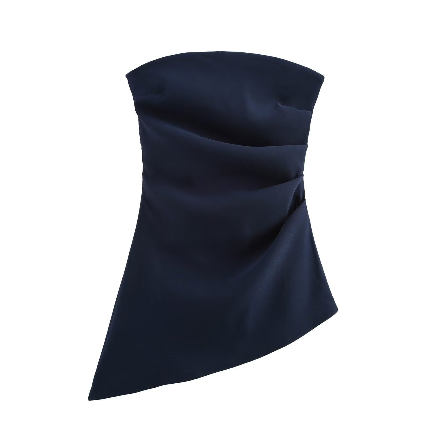 Spring Pleated Decoration Asymmetric Festival Tube Top Dark Blue115G