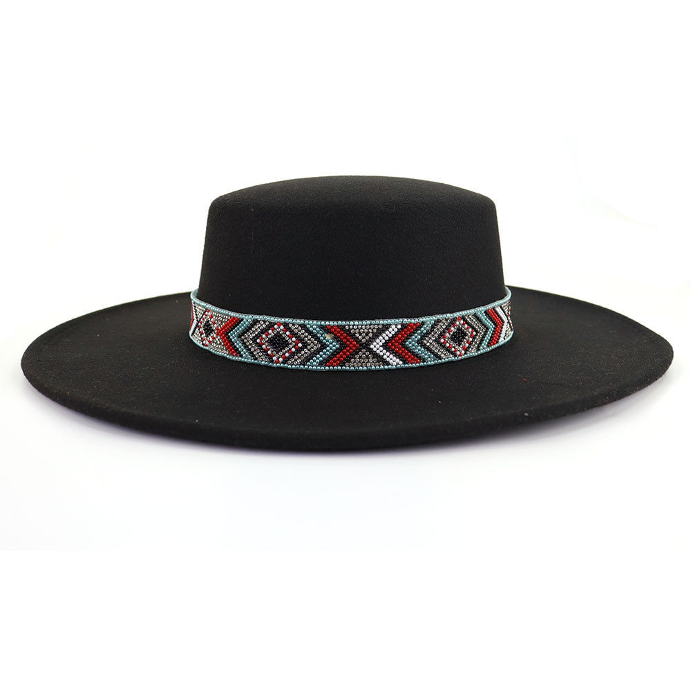 [Minimum order quantity is 2 pieces]Woolen Flat Top Hat Large Brim Hat Bohemian Holiday Broad Brimmed Hat M（56-58cm） Black Lake Blue Beads