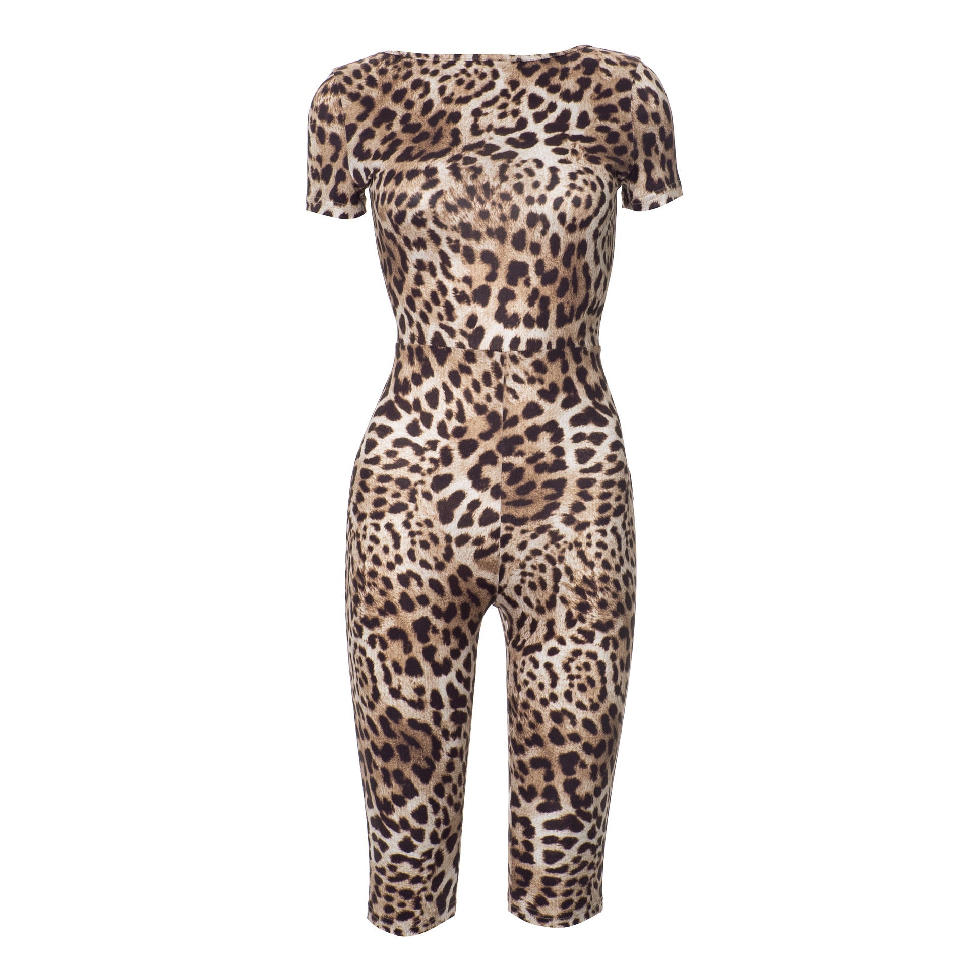 Women Clothing Summer Leopard Print Round Neck Short Sleeve Bare Back Slim Fit Romper Brown