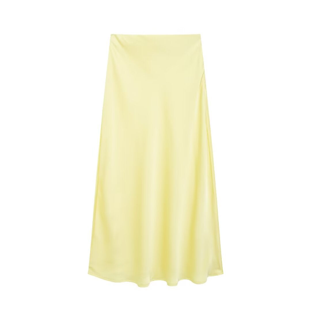 Women Clothing Simple Two Piece Sets Silk Satin Texture Long Sleeve Shirt Drape Skirt Yellow Skirt