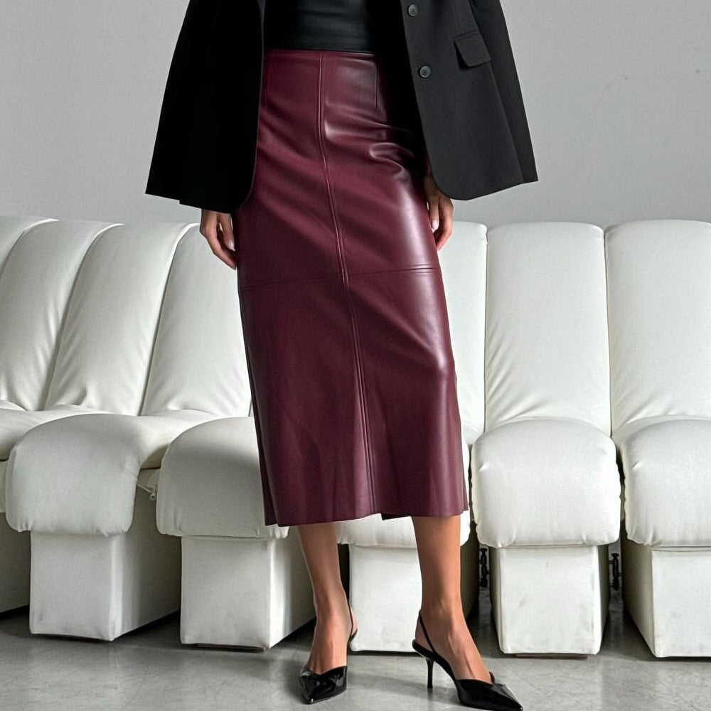 Women Clothing Winter High Waist Slimming Slit Skirt Faux Leather Mid Length Hip Skirt Burgundy