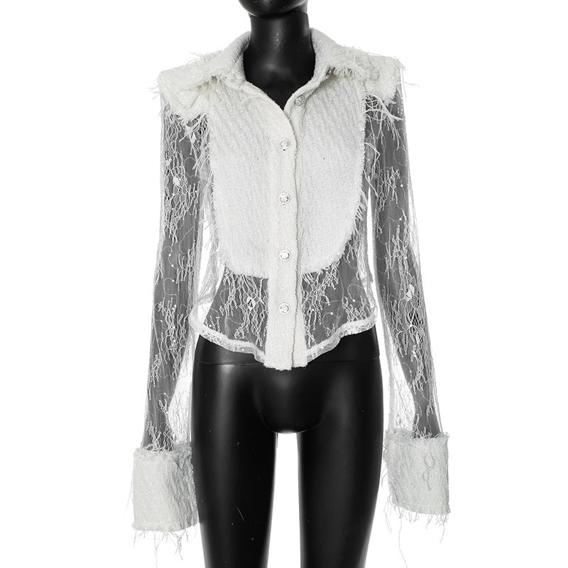 Women Clothing Autumn Winter Lace Stitching See through Sexy Women Shirt White