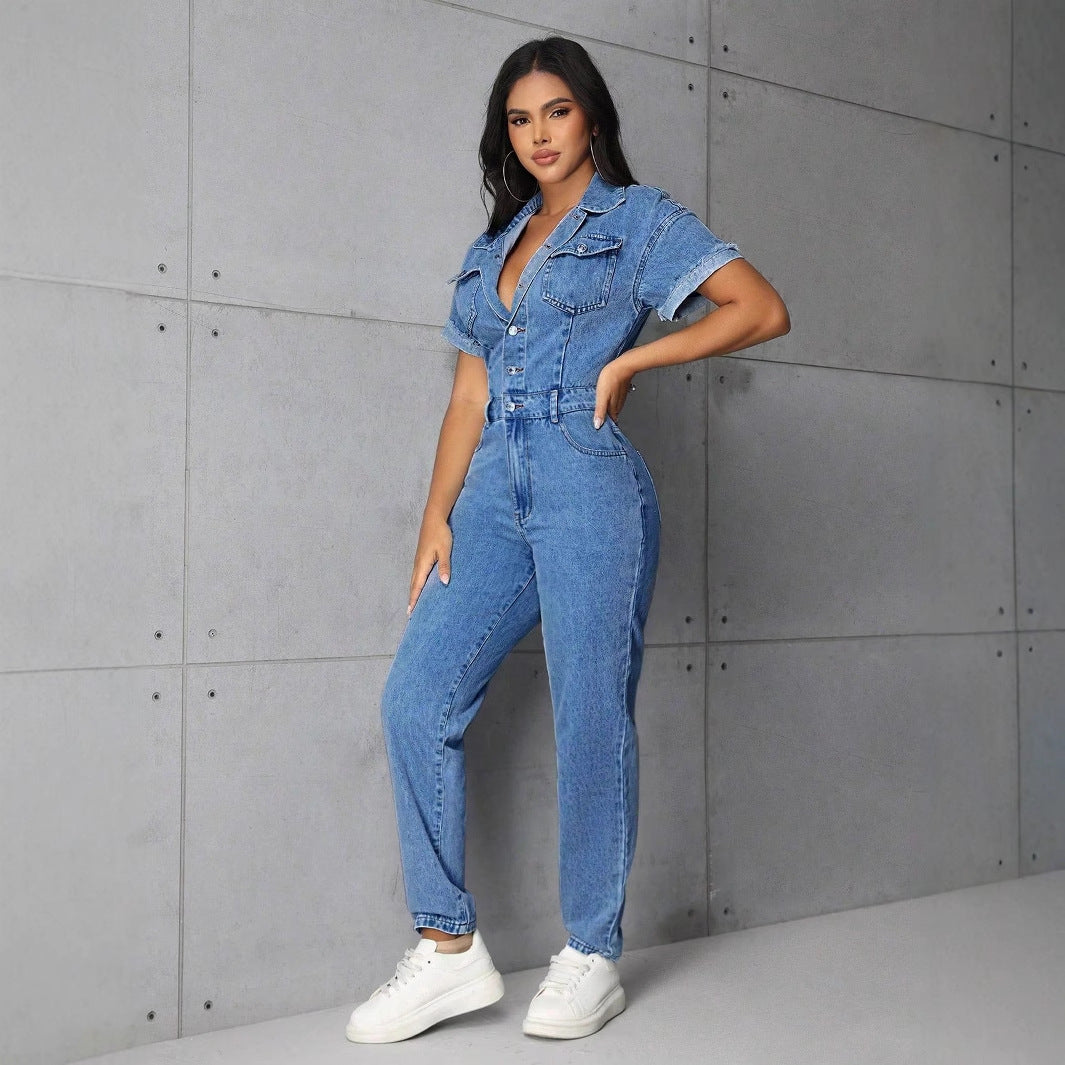 Women Clothing Casual Office Slim Fit Slimming One Piece Denim Trousers