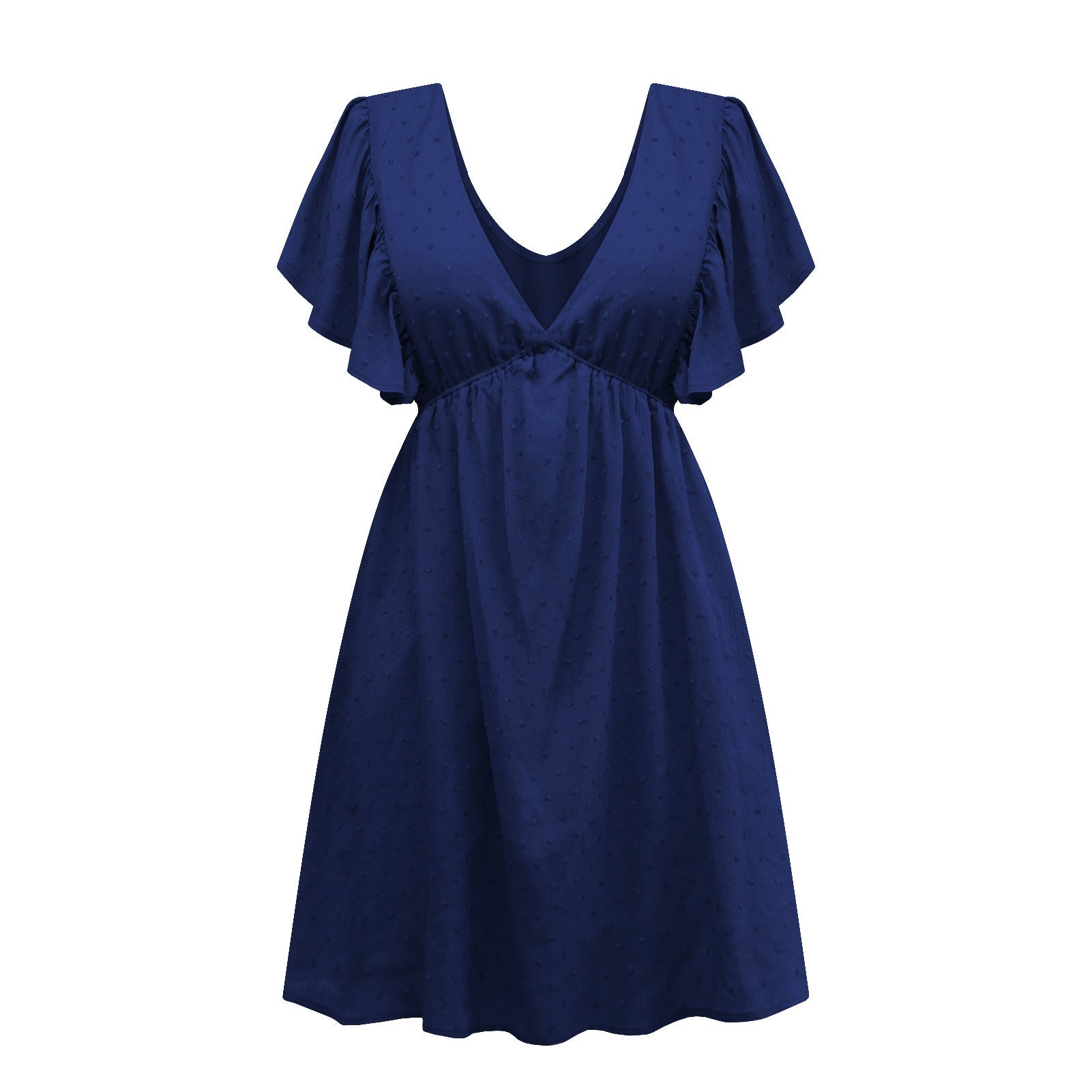 Summer Women Clothing Lotus Leaf Sleeve V-neck Backless T-shirt Dress Loose Casual Dress New Dark Blue