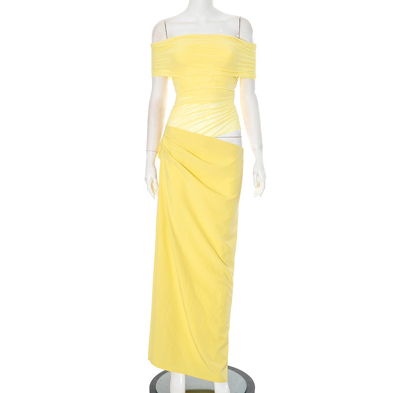 Women Clothing off Neck Mesh Stitching Waist Baring Slim Fit Pleated Hip Dress Yellow