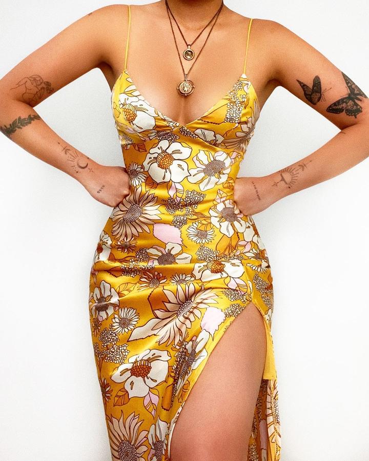 Spring Summer Floral Digital Printed Sexy Slim Strap Dress Golden Flowers