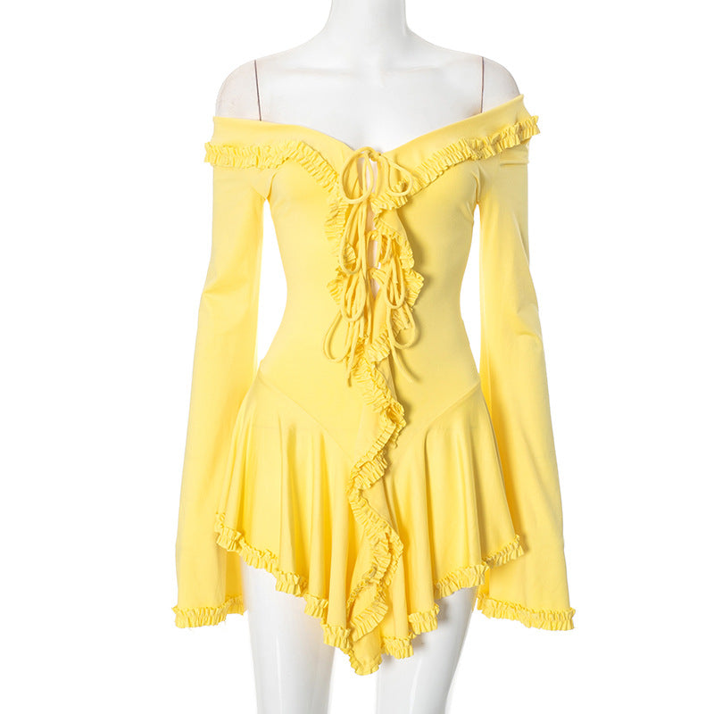 Women Sexy Sweetheart Solid Color Lace off Shoulder Dress Yellow