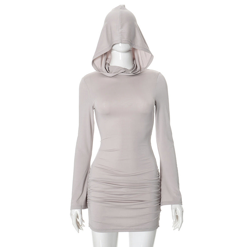 Women Autumn Solid Color Long Sleeve Hooded Pleated Hip High Waist Short Dress Gray