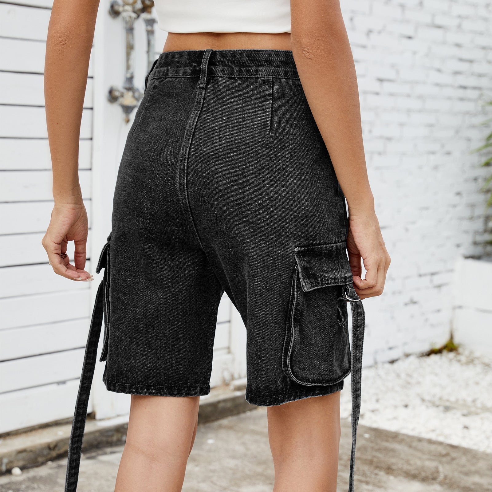 Women Summer Street Hipster Washed Denim Cargo Pants Shorts