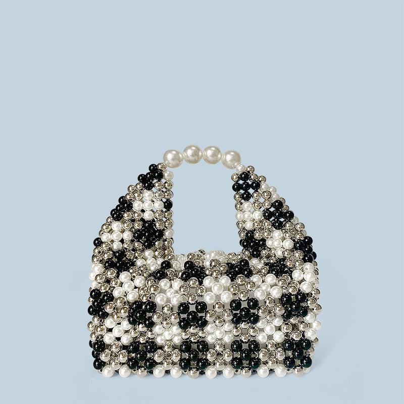 Western Niche Bag Design Black White Gray Plaid Portable Women Bag Large Beaded Handbag