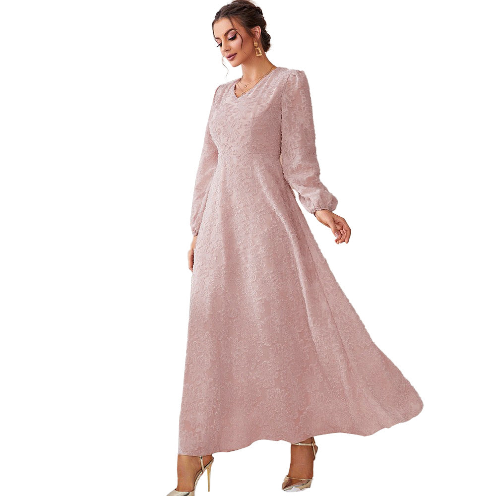 V Neck Long Sleeve Pearl Waist Dark Pattern A Line Elegant Dress Pink