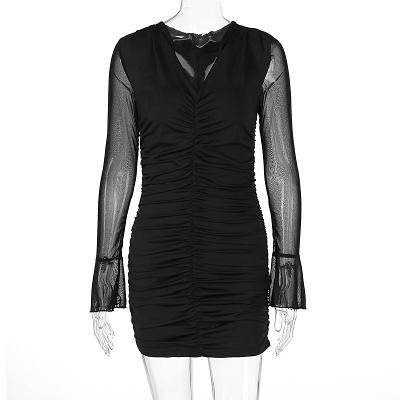 Women Sexy Mesh V neck Pleated Solid Color Long Sleeve Short Dress Black