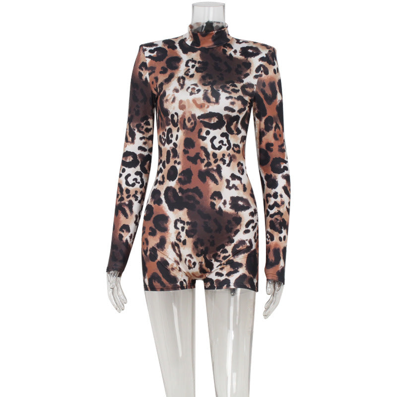 Women Long Sleeve Padded Shoulder Sexy Leopard Print Slim Fit Bodysuit Women Leopard Print