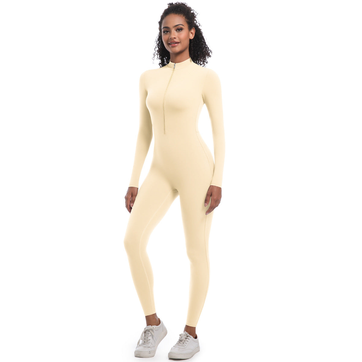 Zipper Nude Feel Long Sleeve Yoga Jumpsuit High Strength Running Fitness Clothes Sports Trend One Piece Tights Apricot