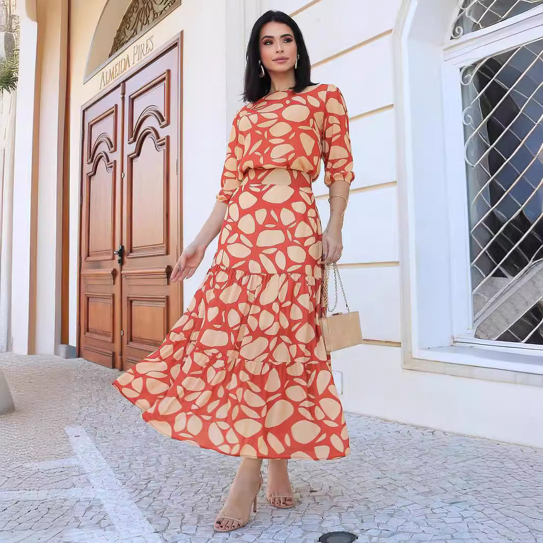 Women Printed Suit Skirt Elegant Round Neck Stitching A line Dress