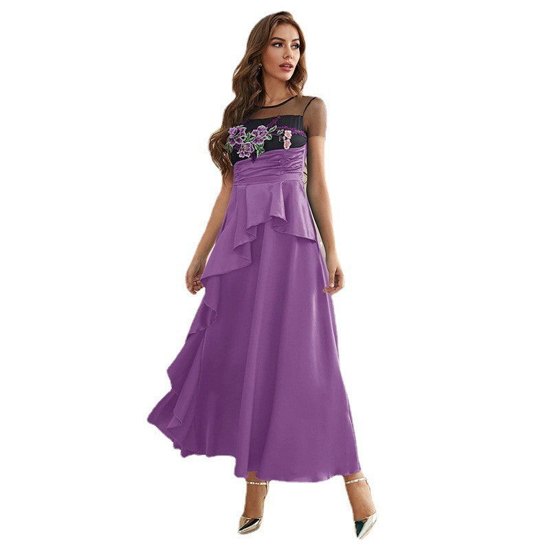 Women Clothing Lace Lined Sling High Waist Embroidery Large Swing Dress violet