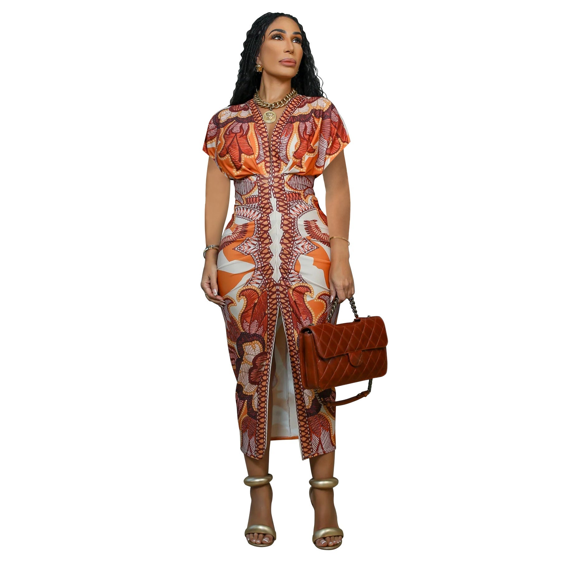 Women Wear Short Sleeve V neck Slim Print Dress Orange