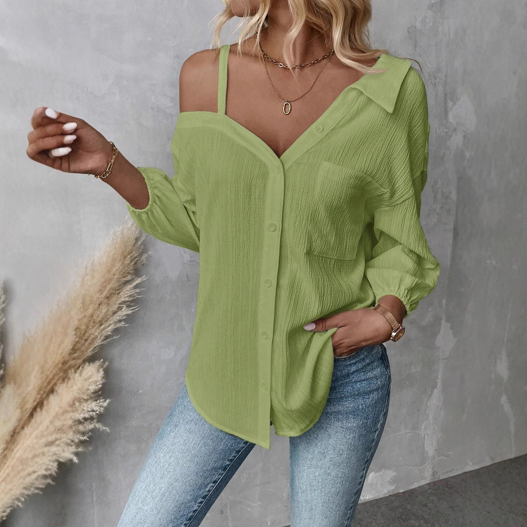 Spring Summer Collared Three Quarter Sleeve off Shoulder Cardigan Texture Single Breasted Casual Shirt Yellow