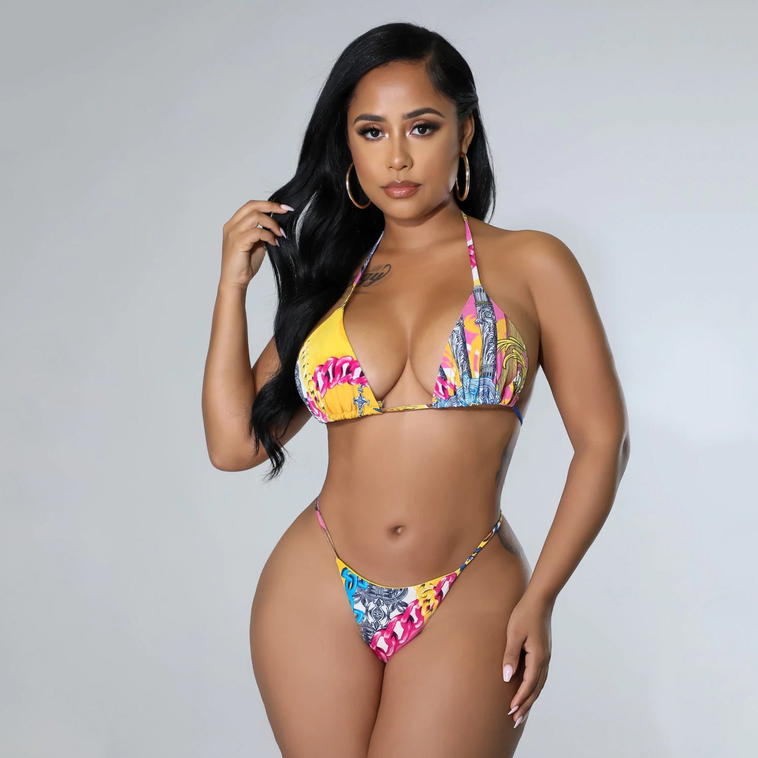 Summer Women Clothing Sexy Print Lace up Bikini Three Piece Swimwear