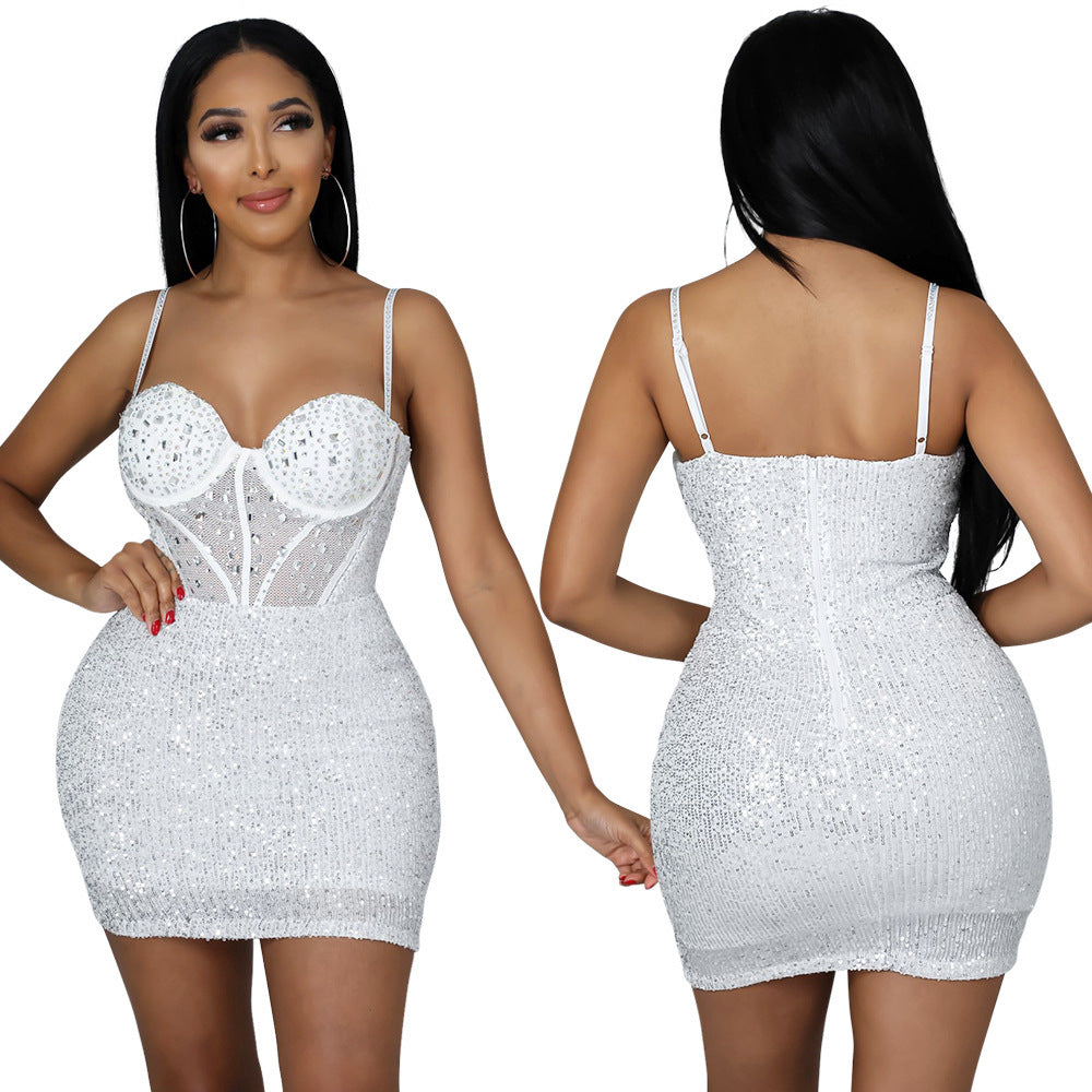 Women Clothing Hip Diamond Embedded Rhinestone Nightclub Party Sequin Cami Dress White