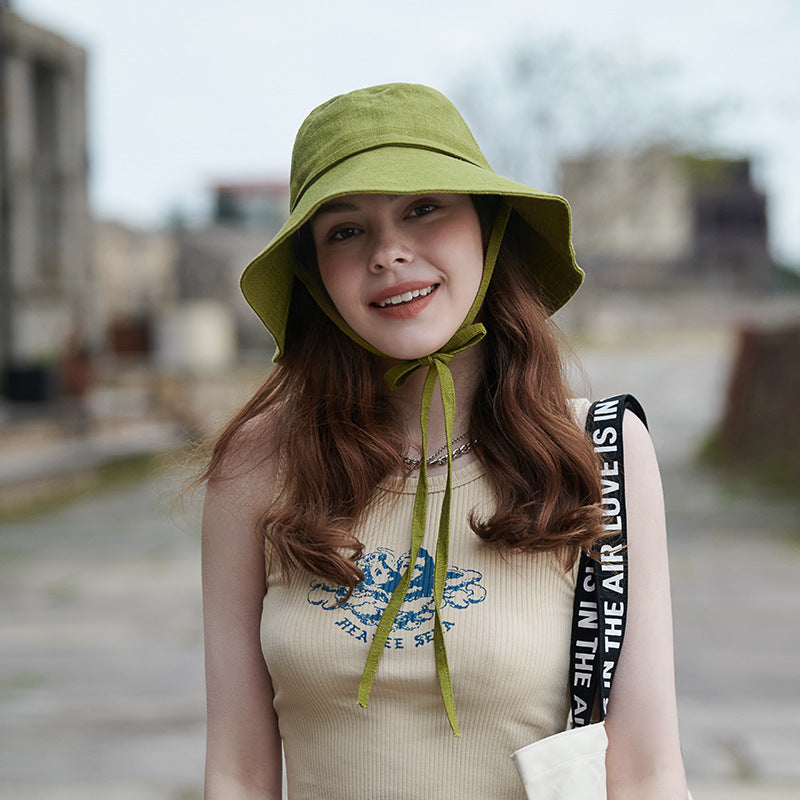 Spring Summer Casual Sun Proof Lace up round Face Wide Brim Dome Bucket Hat Big Head Circumference Face Looking Small Sun Hat One Size Green