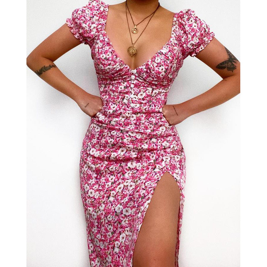 Spring Summer Floral Floral Print Fresh Sweet V-neck Mid-Length Dress