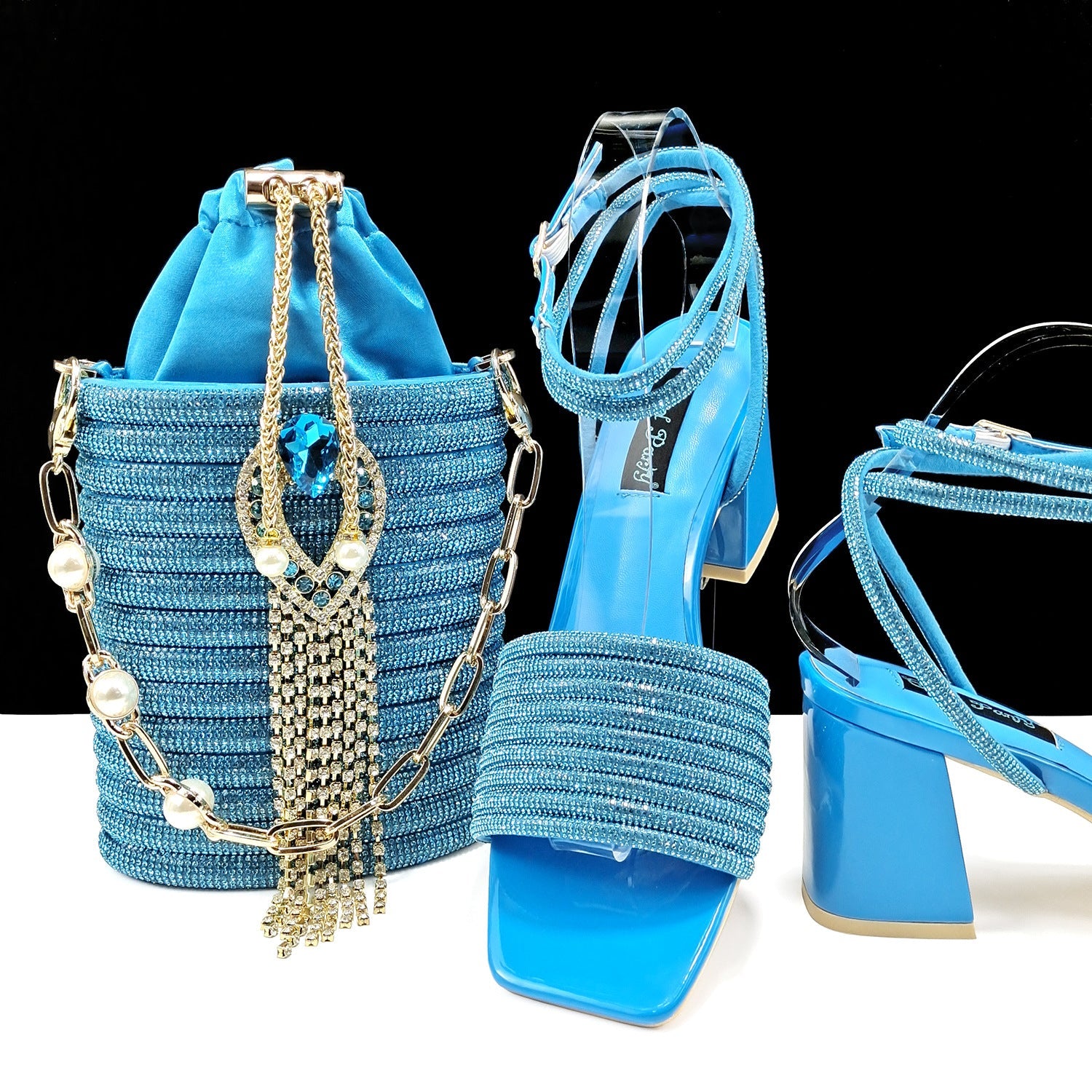 Women Shoes Bags Two Piece Sets Tassel Decorative Ankle Strap Simple Elegant Cocktail Or Daily skyblue