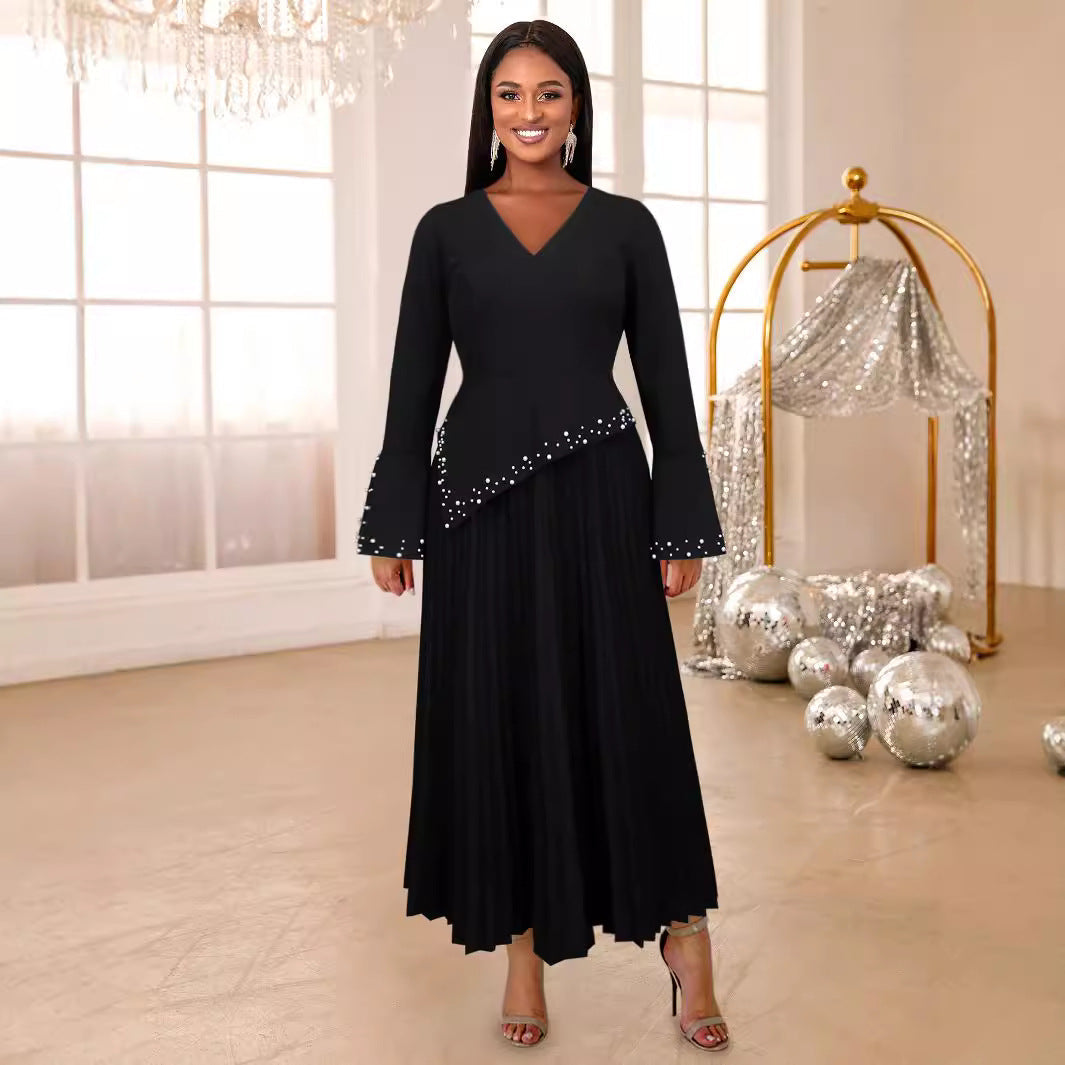 V neck Bell Sleeve Simple A line Dress Party Cocktail Beaded Dress Dresses