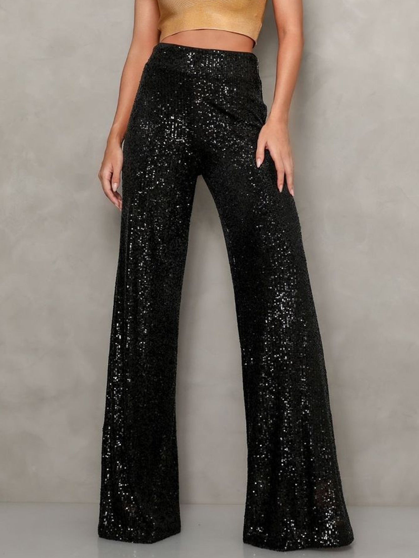 Women Clothing Elegant Sequined High Waist Party Wear Straight Leg Pants Wide Leg Pants Trousers Black