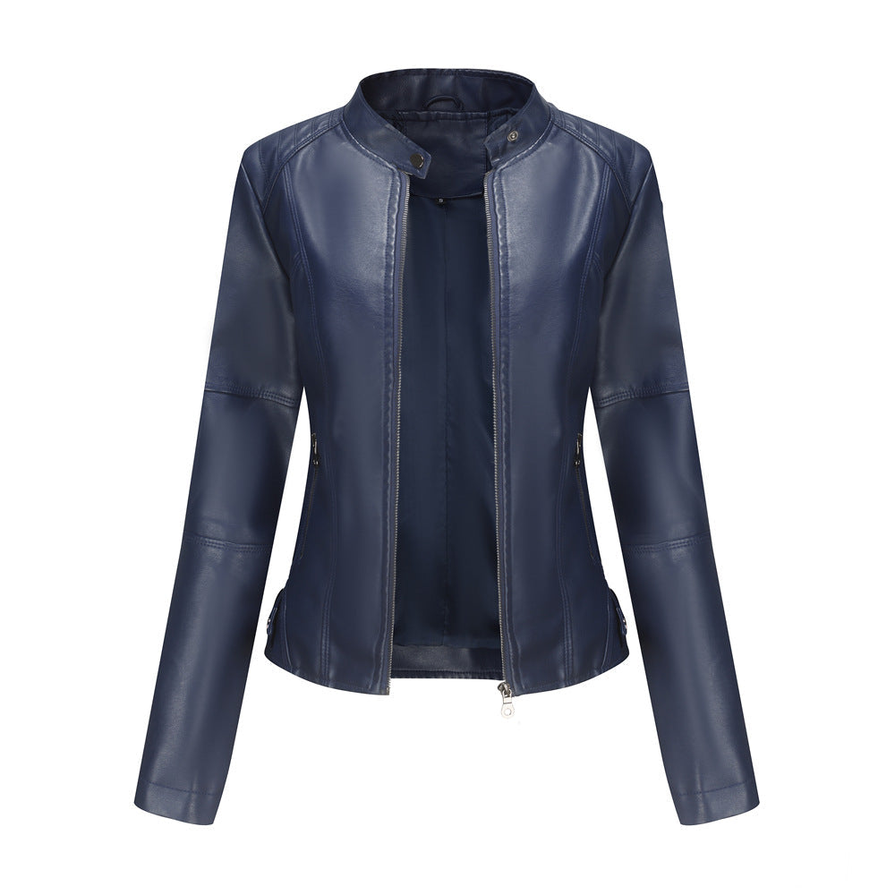 Women Autumn And Winter Solid Color Short Jacket Navy Blue