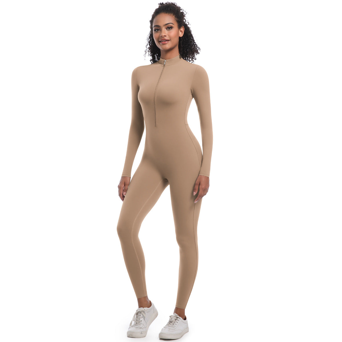 Zipper Nude Feel Long Sleeve Yoga Jumpsuit High Strength Running Fitness Clothes Sports Trend One Piece Tights Cocoa