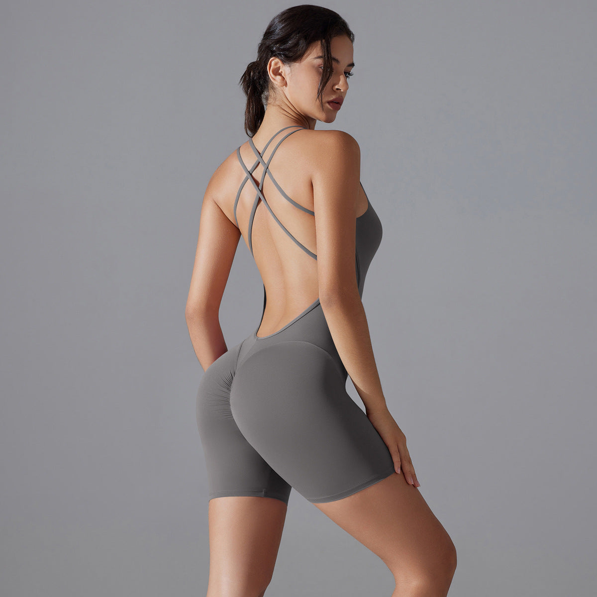 Spring Summer Gym Sexy Shaping Romper Yoga Clothes One Piece Belly Contracting Close Fitting Sports Back Shaping One Piece Gray