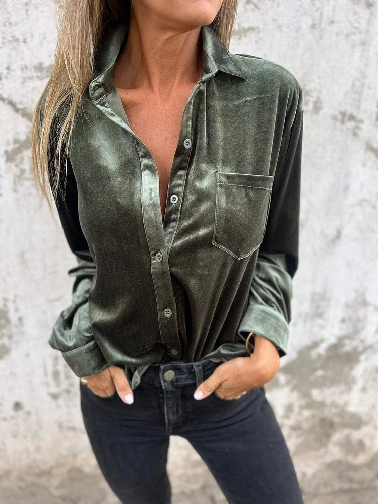 Women Fall Winter Gold Velvet Collared Shirt Army Green