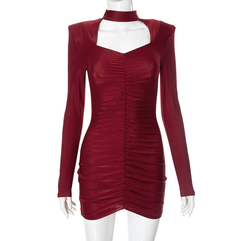 Women Clothing Autumn Winter Sexy Hollow Out Cutout Pleated Belt Padded Shoulder Hip Burgundy