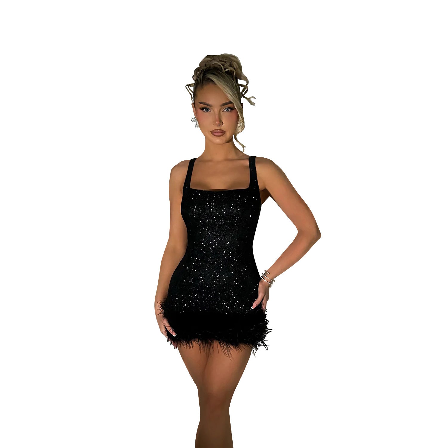 Women Wear Sequin Feather Sling Dress Black