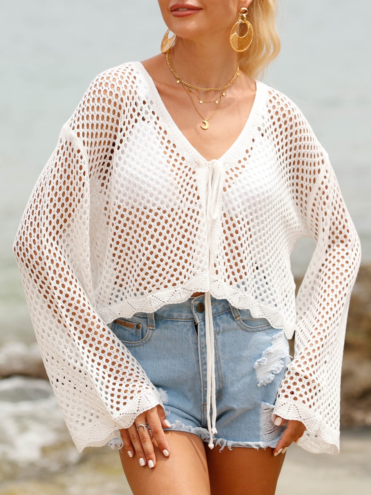 Women Lace up Women Clothing Hollow Out Cutout Woven Shirt Beach Sun Protection Long Sleeved Blouse Casual Jacket One Size White