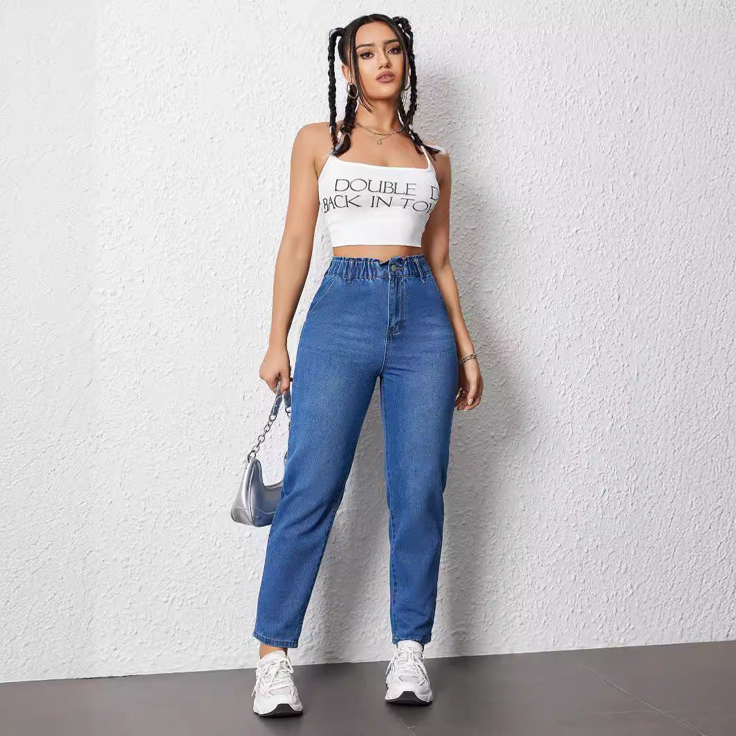 Women Elastic Straight Jeans Popular Casual Slimming Blue Color Trousers Spring Summer