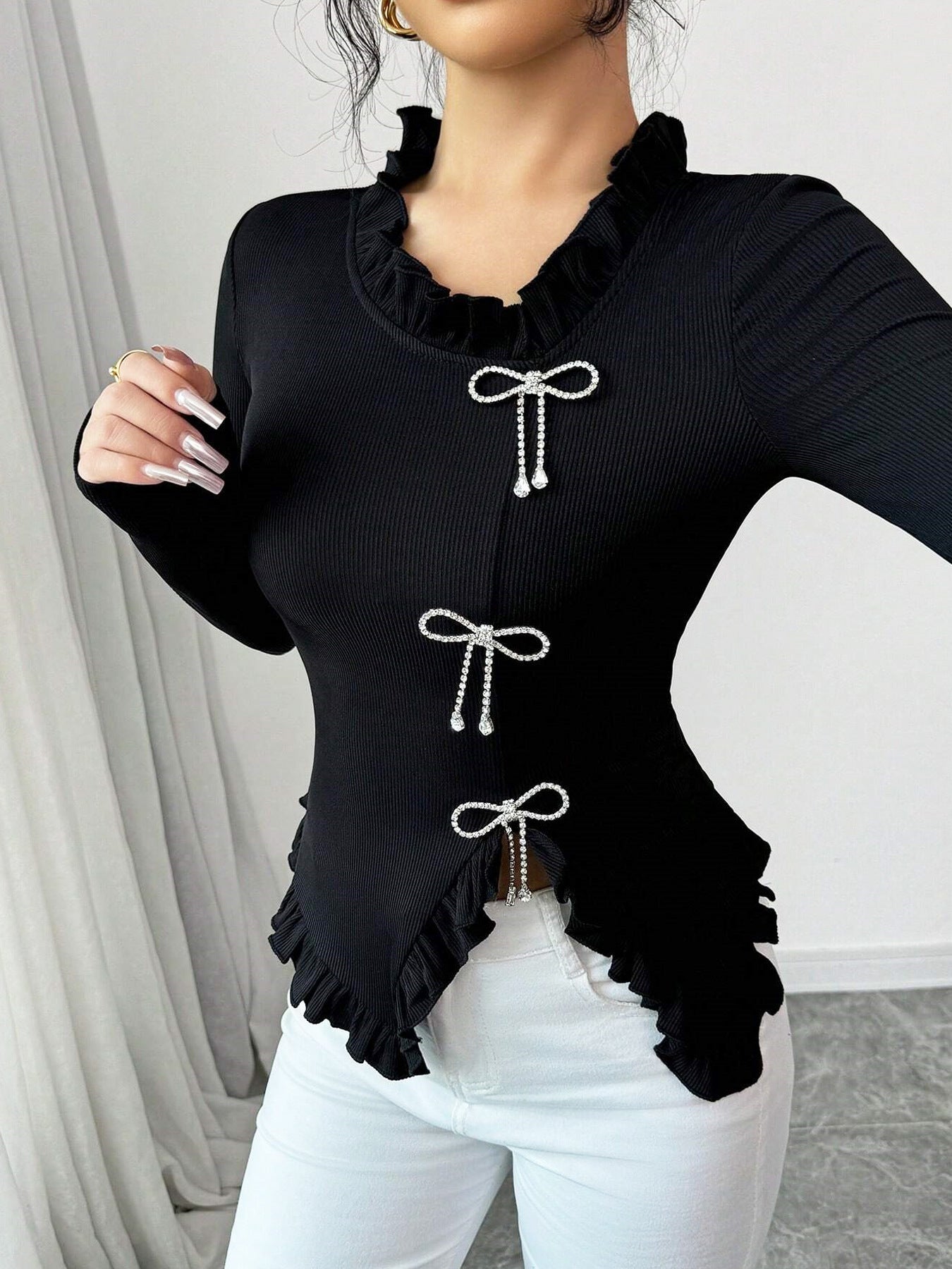 T shirt Popular Knitwear Butterfly Slim Fit Slimming Irregular Asymmetric Top Black