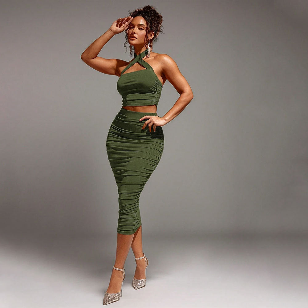 Women Clothing Spring Summer Sexy Two Piece Sets Olive Green