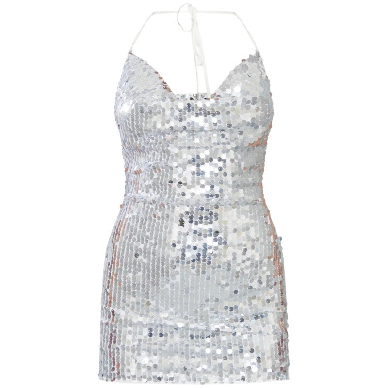 Women Sexy Sequin Sequin Sling Sheath Dress Nightclub Low Cut Backless Dress Women