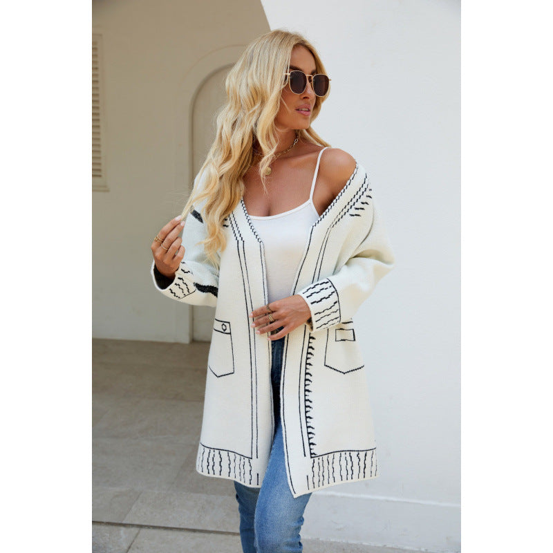 Women Clothing Mid Length Sweater Coat Jacquard All Matching Lazy Knitted Loose Knitted Cardigan