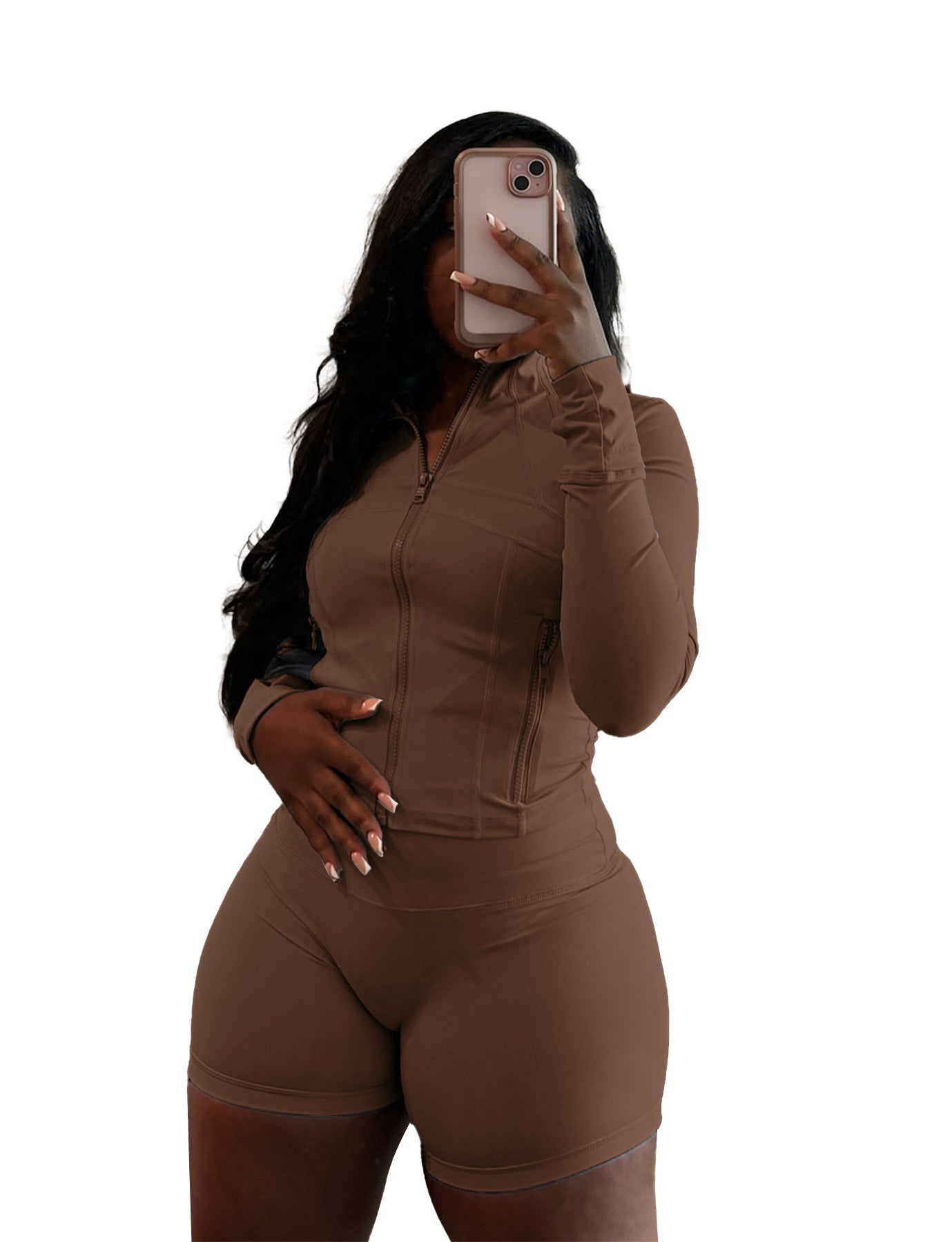 Spring Sports Casual Sexy Tight Long Sleeve Shorts Two Piece Set Coffee