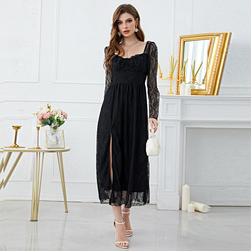 Women Clothing Spring Summer Lace Square Collar High Slit Dress