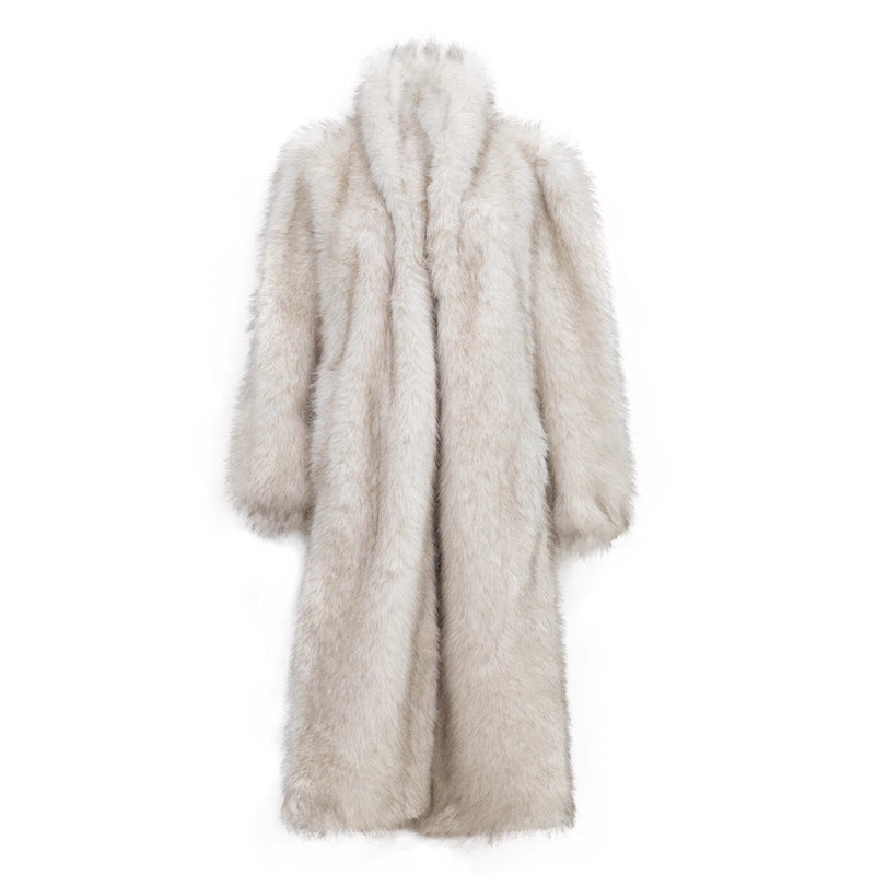 Women Raccoon Fur Coat Long Fox Fur Big Fur Collar Fur Coat Loose Casual Trench Coat Thick White Low Coffee Tip