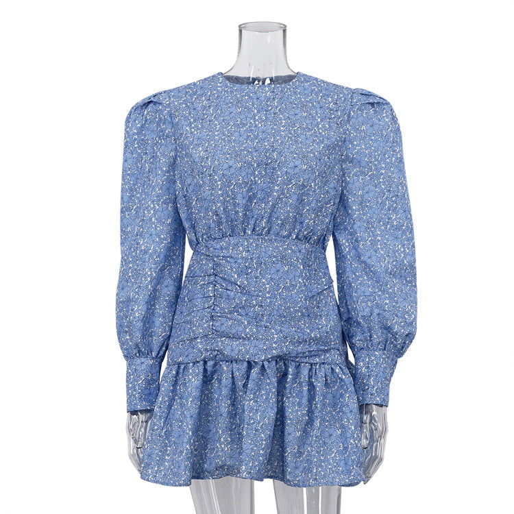 Women Clothing Spring Printed Floral Dress Long Sleeve Cinched Pleated Casual Dress Blue