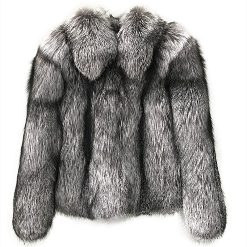 Women Fur Coat Short Faux Fur Whole Fur Coat Autumn Winter Casual Women Jacket Deep Silver Fox Color