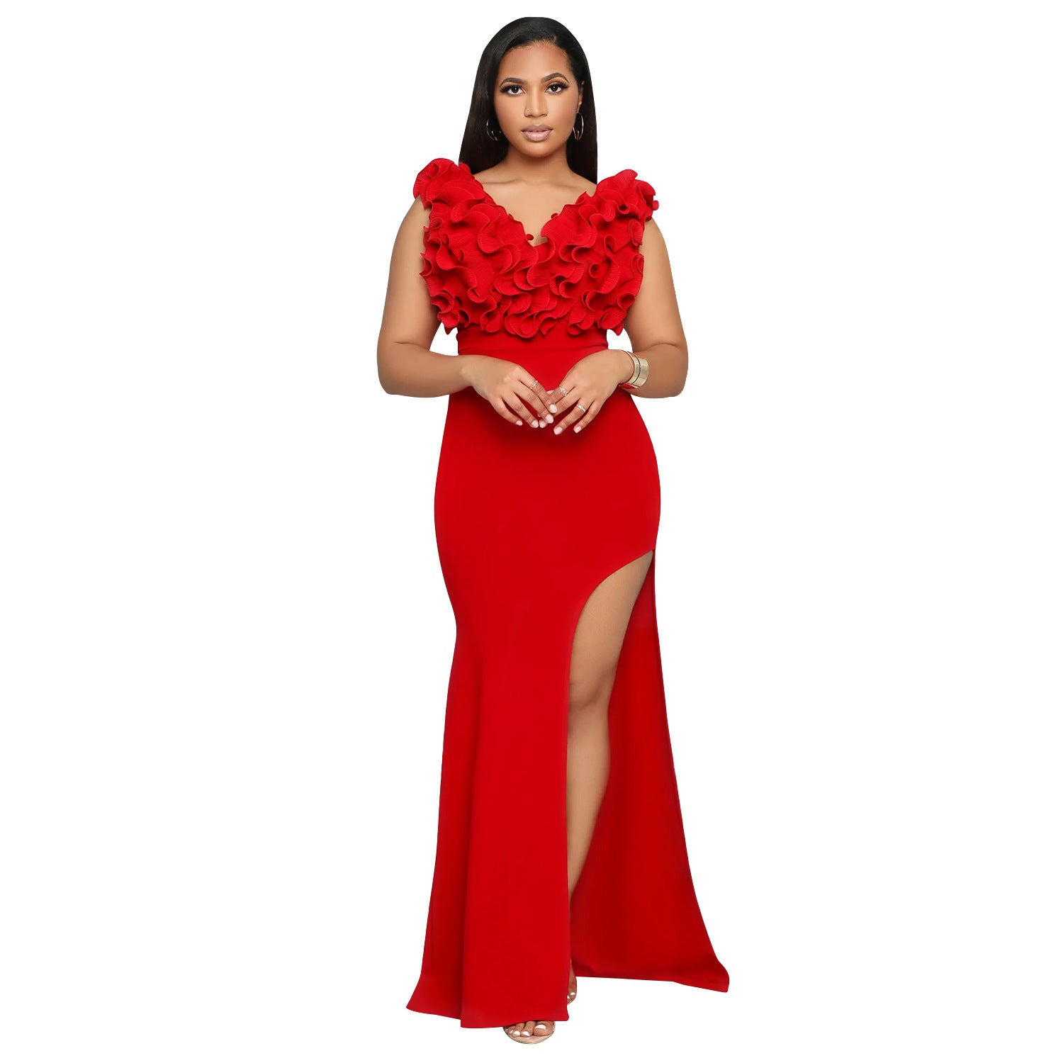 Women Wear V neck Sleeveless Long Slit Dress Red