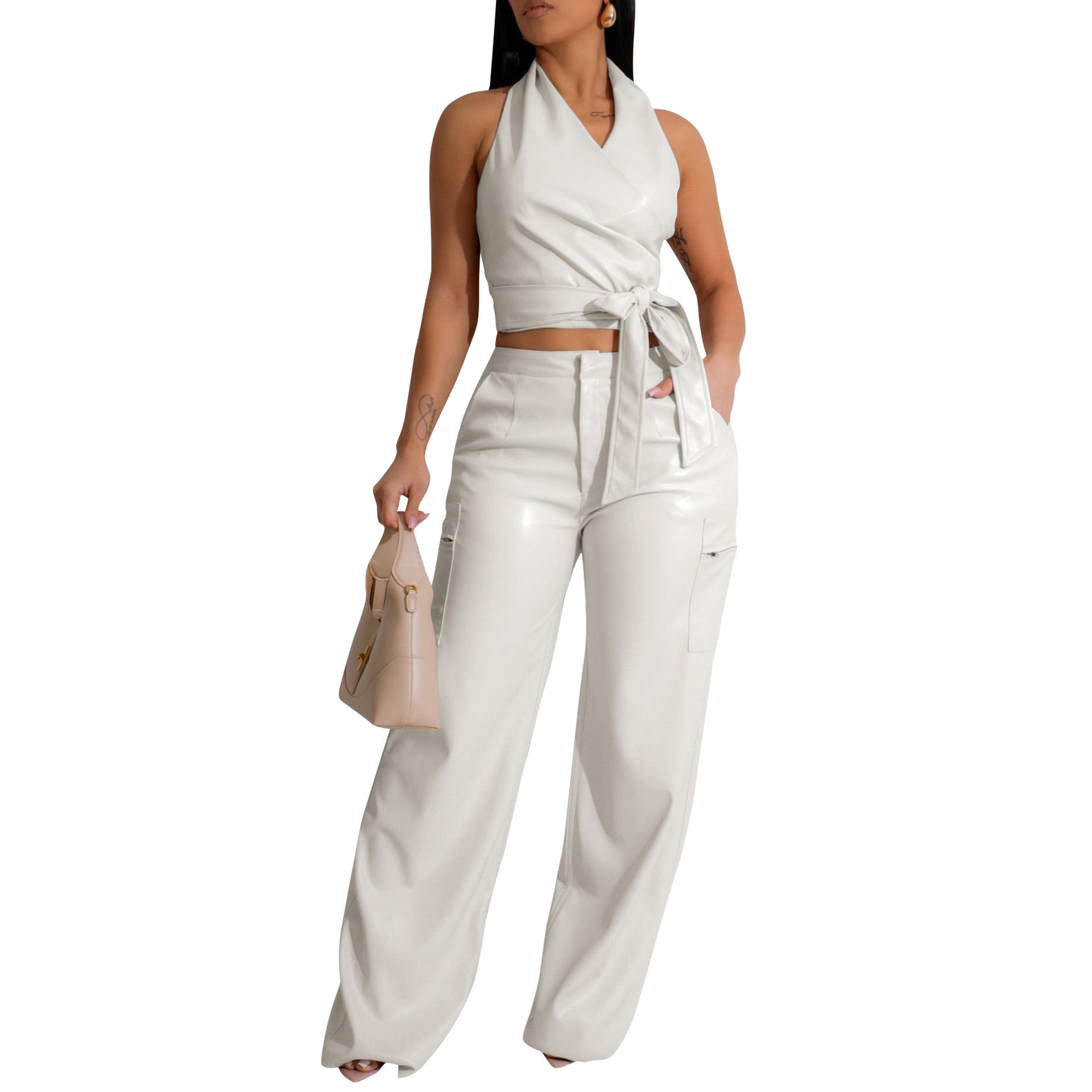 Women Clothing Faux Leather Sleeveless Halter Sexy Leather Pants Two Piece Summer White